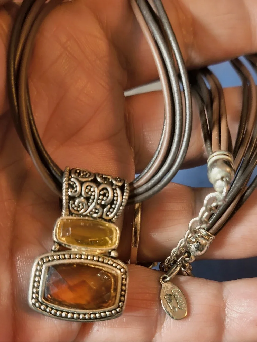 Vintage Cookie Lee Multi Strand Faux Leather Necklace Amber Glass Pendant Boho